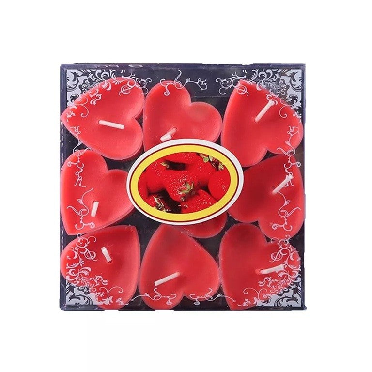 Set Lumânări Parfumate în Formă de Inimă, Aromă de Căpșuni, Timp de Ardere 4 Ore, Parafină Premium, 4 x 2 cm, 9 Bucăți, Roșu