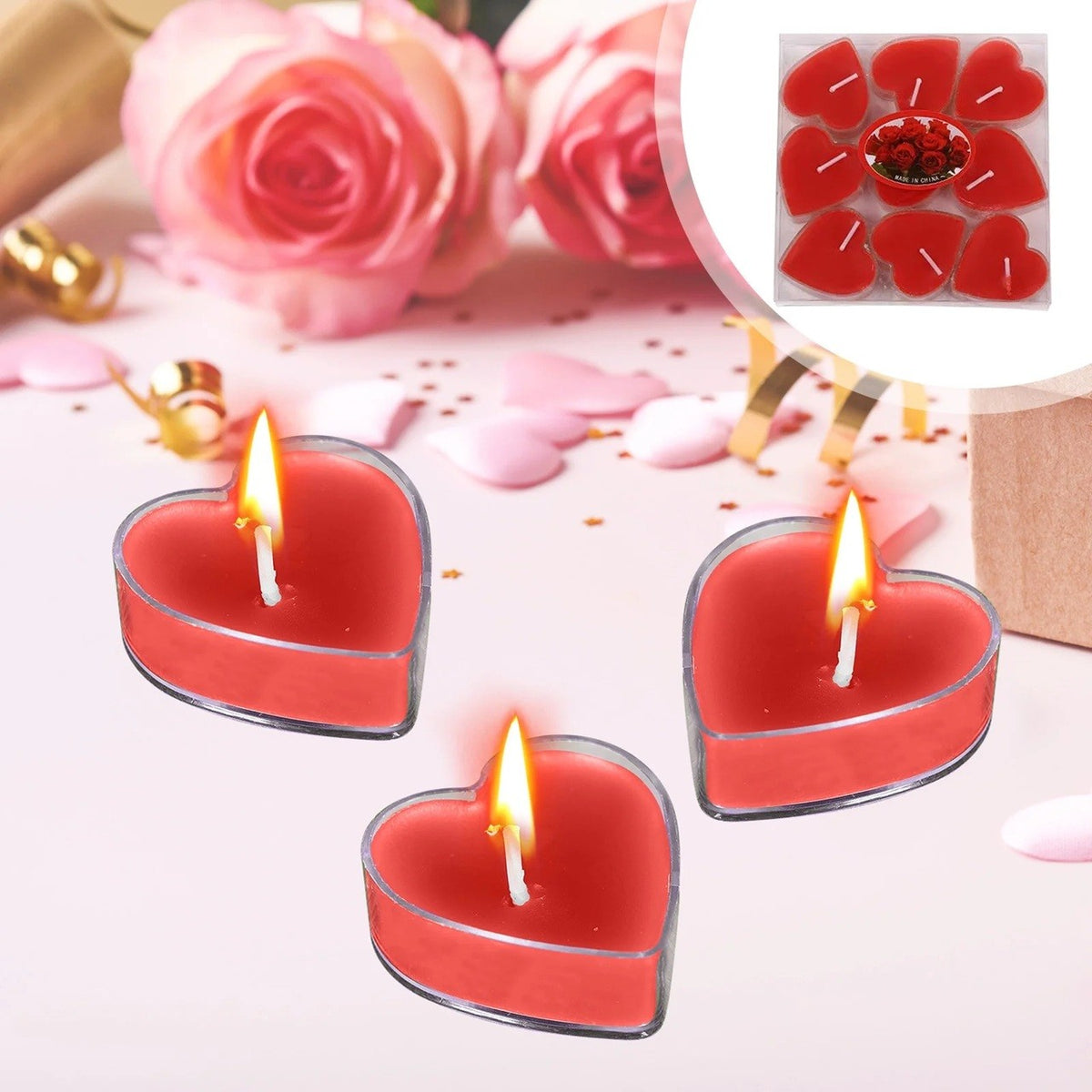 Set Lumânări Parfumate în Formă de Inimă, Aromă de Căpșuni, Timp de Ardere 4 Ore, Parafină Premium, 4 x 2 cm, 9 Bucăți, Roșu