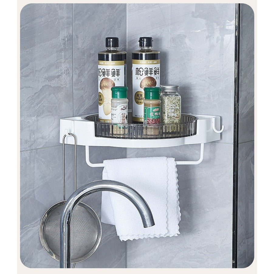 Suport Depozitare Rotativ 360 Grade, Organizator Baie si Bucatarie cu Agatatori si Suport Prosop, Montaj Autoadeziv Fara Gaurire, Plastic, 29 x 29 x 6 cm, Alb