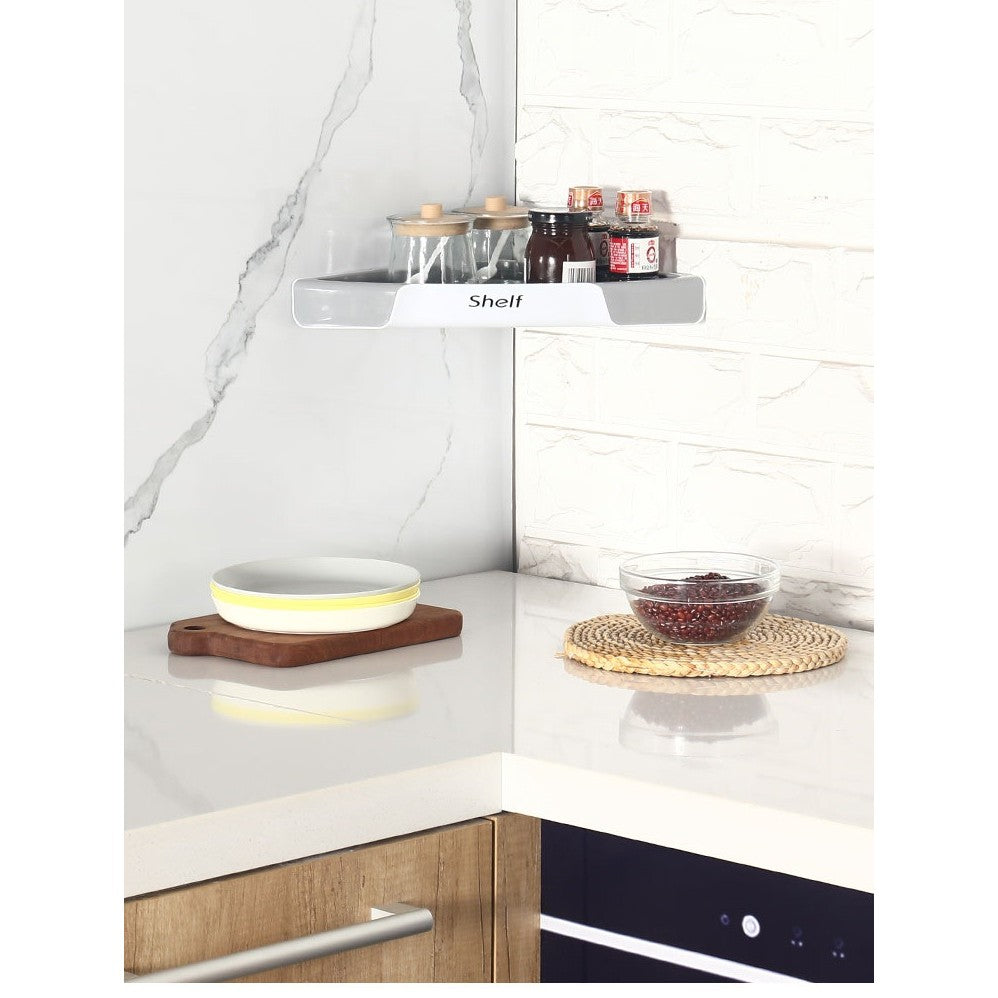 Suport Depozitare Baie si Bucatarie, Raft Organizator Autoadeziv cu Montare Fara Perforare, Plastic Lucios Rezistent, 28 x 39 x 4.5 cm, Gri