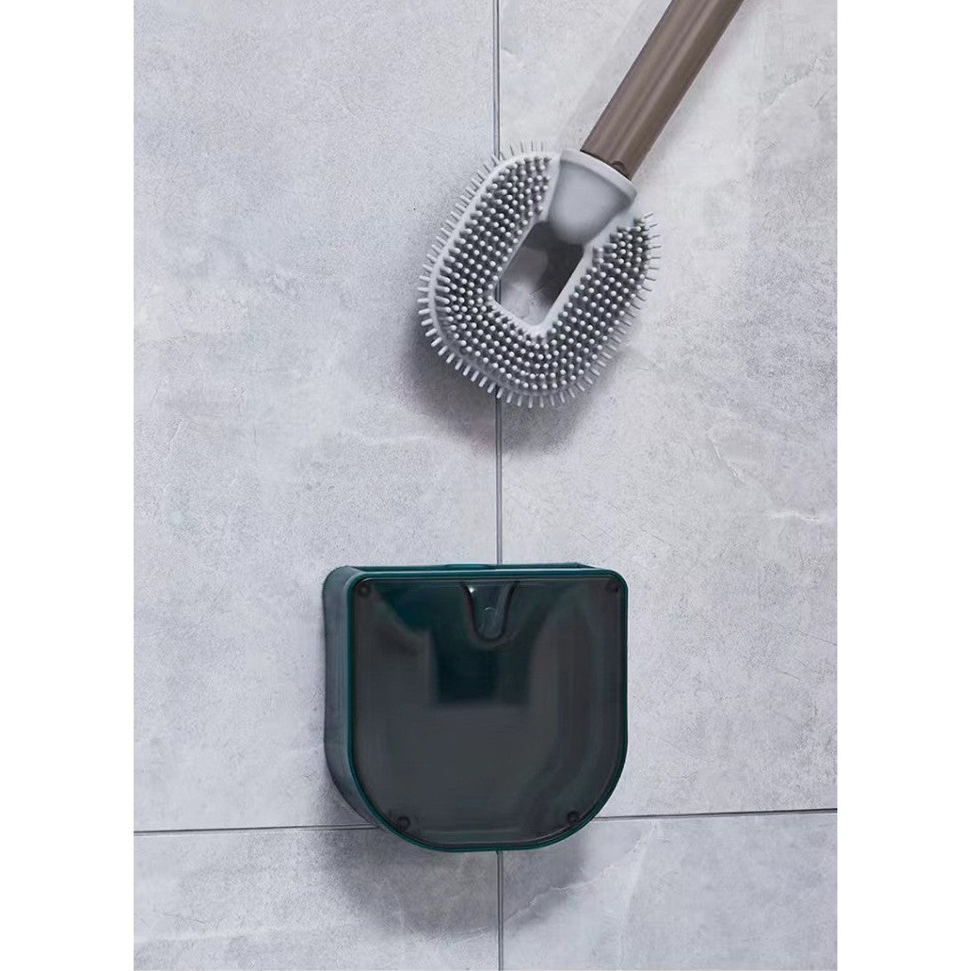 Perie de Toaleta cu Recipient pentru Detergent, Cap Flexibil din Silicon TPR, Montare pe Perete Fara Perforare, Plastic, 40 x 9 cm, Verde