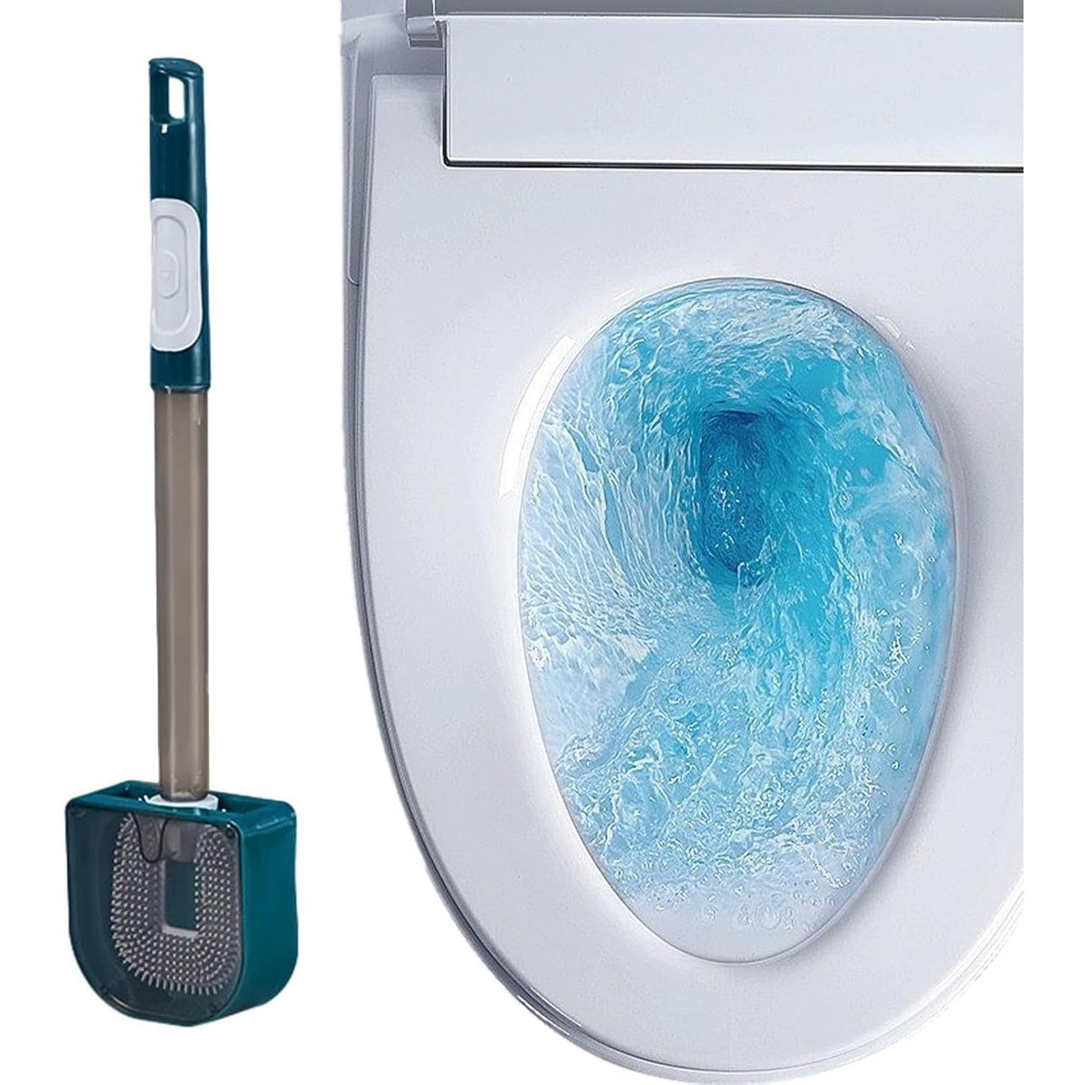Perie de Toaleta cu Recipient pentru Detergent, Cap Flexibil din Silicon TPR, Montare pe Perete Fara Perforare, Plastic, 40 x 9 cm, Verde