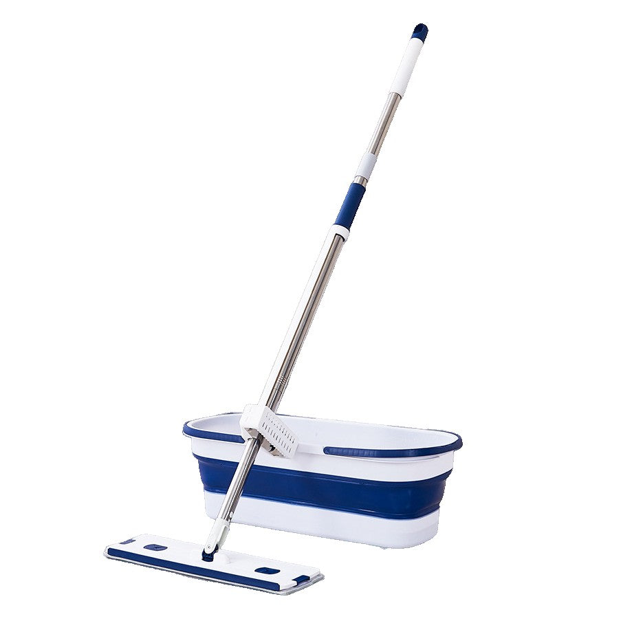 Mop Plat cu Găleată Pliabilă, Sistem de Stoarcere și Recipient Lichid, Oțel Inoxidabil și Plastic, Tijă Telescopică 127 cm, 2 Rezerve Microfibră, Albastru