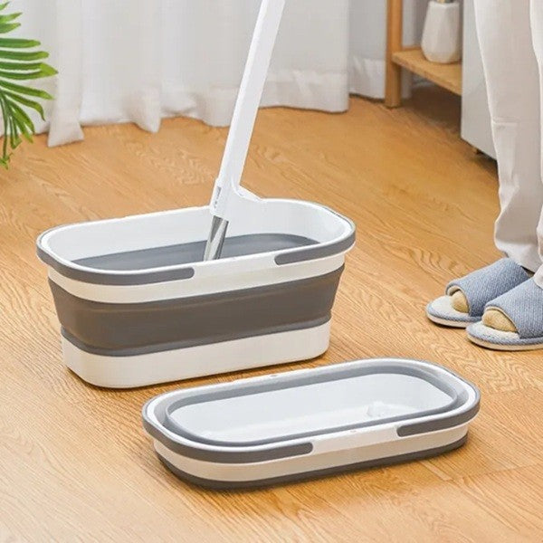 Mop Plat cu Găleată Pliabilă, Sistem de Stoarcere Integrat și Recipient Lichid, Tijă Telescopică 127 cm din Oțel Inoxidabil, 2 Rezerve Microfibră, Gri