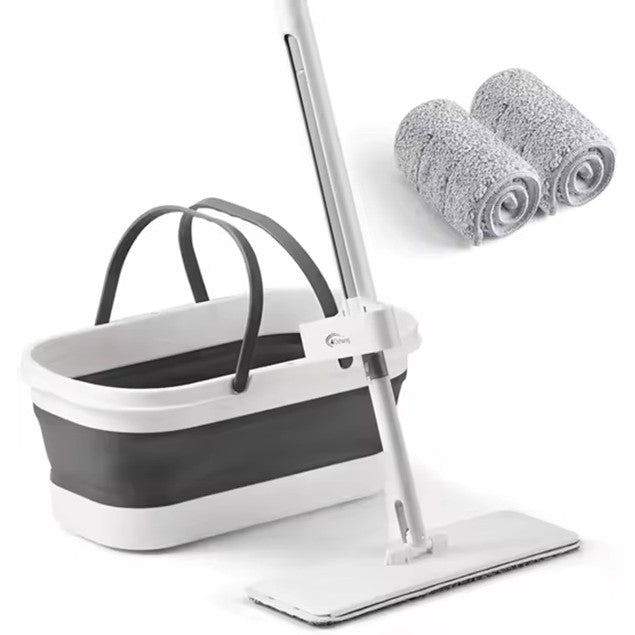 Mop Plat cu Găleată Pliabilă, Sistem de Stoarcere Integrat și Recipient Lichid, Tijă Telescopică 127 cm din Oțel Inoxidabil, 2 Rezerve Microfibră, Gri
