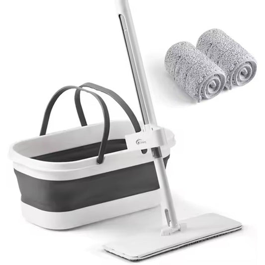 Mop Plat cu Găleată Pliabilă, Sistem de Stoarcere Integrat și Recipient Lichid, Tijă Telescopică 127 cm din Oțel Inoxidabil, 2 Rezerve Microfibră, Gri