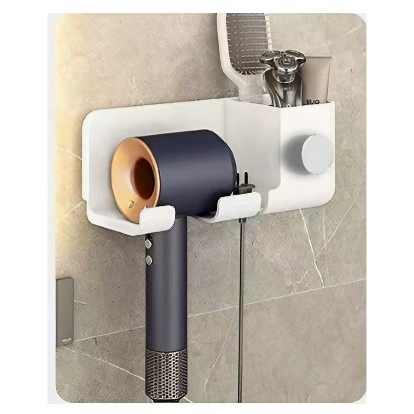 Suport de Baie pentru Uscator de Par, Organizator Dublu cu Suport Cablu, Montaj Adeziv fara Gaurire, Plastic, 23 x 8.8 x 9.5 cm, Alb