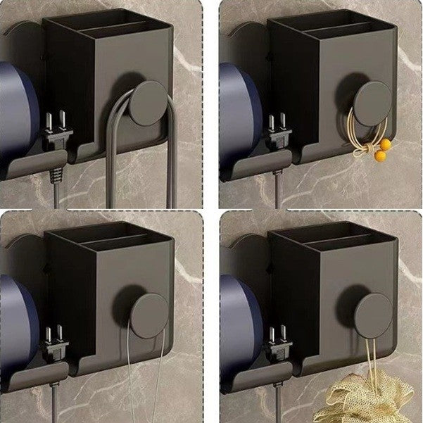 Suport Baie pentru Uscator de Par, Organizator Dublu cu Suport Cablu, Montaj Adeziv Fara Gaurire, Plastic Durabil, 23 x 8.8 x 9.5 cm, Negru