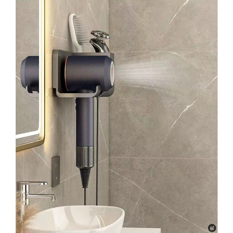 Suport Baie pentru Uscator de Par, Organizator Dublu cu Suport Cablu, Montaj Adeziv Fara Gaurire, Plastic Durabil, 23 x 8.8 x 9.5 cm, Negru