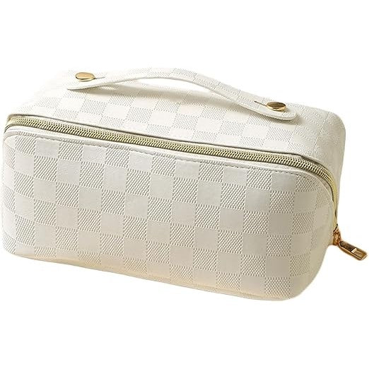 Geanta de Calatorie pentru Cosmetice, Portfard Impermeabil cu Compartimente Multiple si Fermoar, Piele Ecologica, Design in Carouri, 22 x 13 x 12.5 cm, Alb