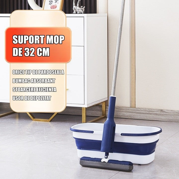 Set Mop Telescopic cu Galeata Pliabila si Roti, Sistem Dublu de Stoarcere, Tija Inoxidabila 140 cm, Cap Bumbac Absorbant 32 cm, Albastru/Alb