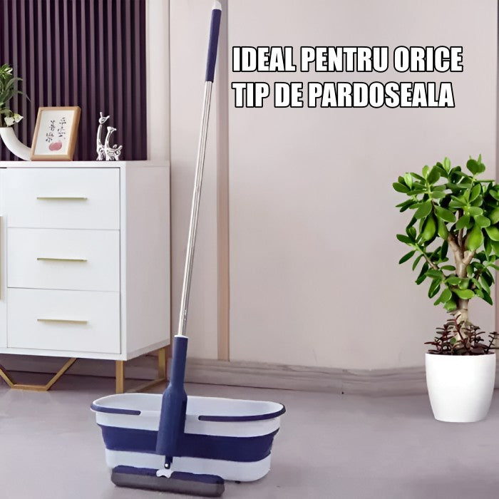 Set Mop Telescopic cu Galeata Pliabila si Roti, Sistem Dublu de Stoarcere, Tija Inoxidabila 140 cm, Cap Bumbac Absorbant 32 cm, Albastru/Alb