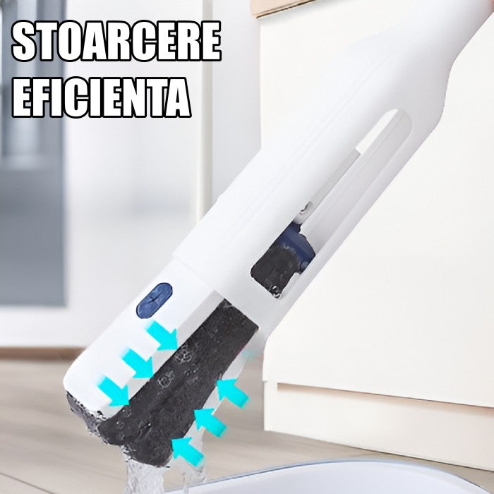 Set Mop Telescopic cu Galeata Pliabila si Roti, Sistem de Stoarcere prin Presare, Cap Bumbac Absorbant 32 cm, Maner Otel Inoxidabil 140 cm, Gri/Alb