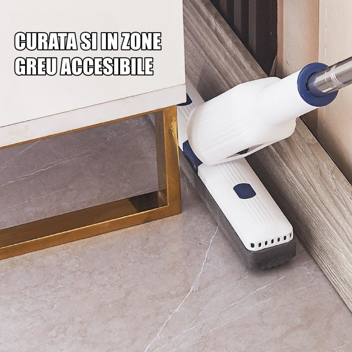 Set Mop Telescopic cu Galeata Pliabila si Roti, Sistem de Stoarcere prin Presare, Cap Bumbac Absorbant 32 cm, Maner Otel Inoxidabil 140 cm, Gri/Alb