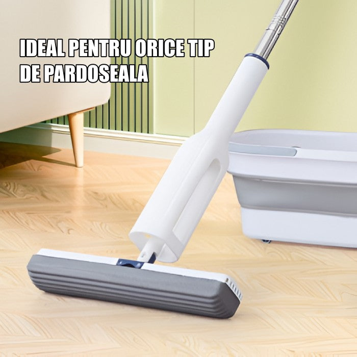 Set Mop Telescopic cu Galeata Pliabila si Roti, Sistem de Stoarcere prin Presare, Cap Bumbac Absorbant 32 cm, Maner Otel Inoxidabil 140 cm, Gri/Alb