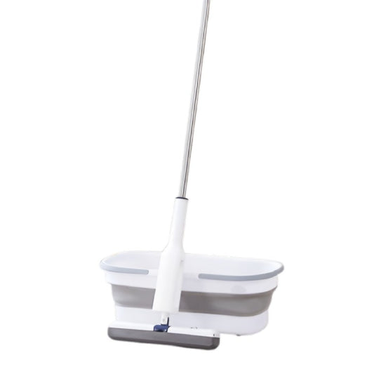Set Mop Telescopic cu Galeata Pliabila si Roti, Sistem de Stoarcere prin Presare, Cap Bumbac Absorbant 32 cm, Maner Otel Inoxidabil 140 cm, Gri/Alb