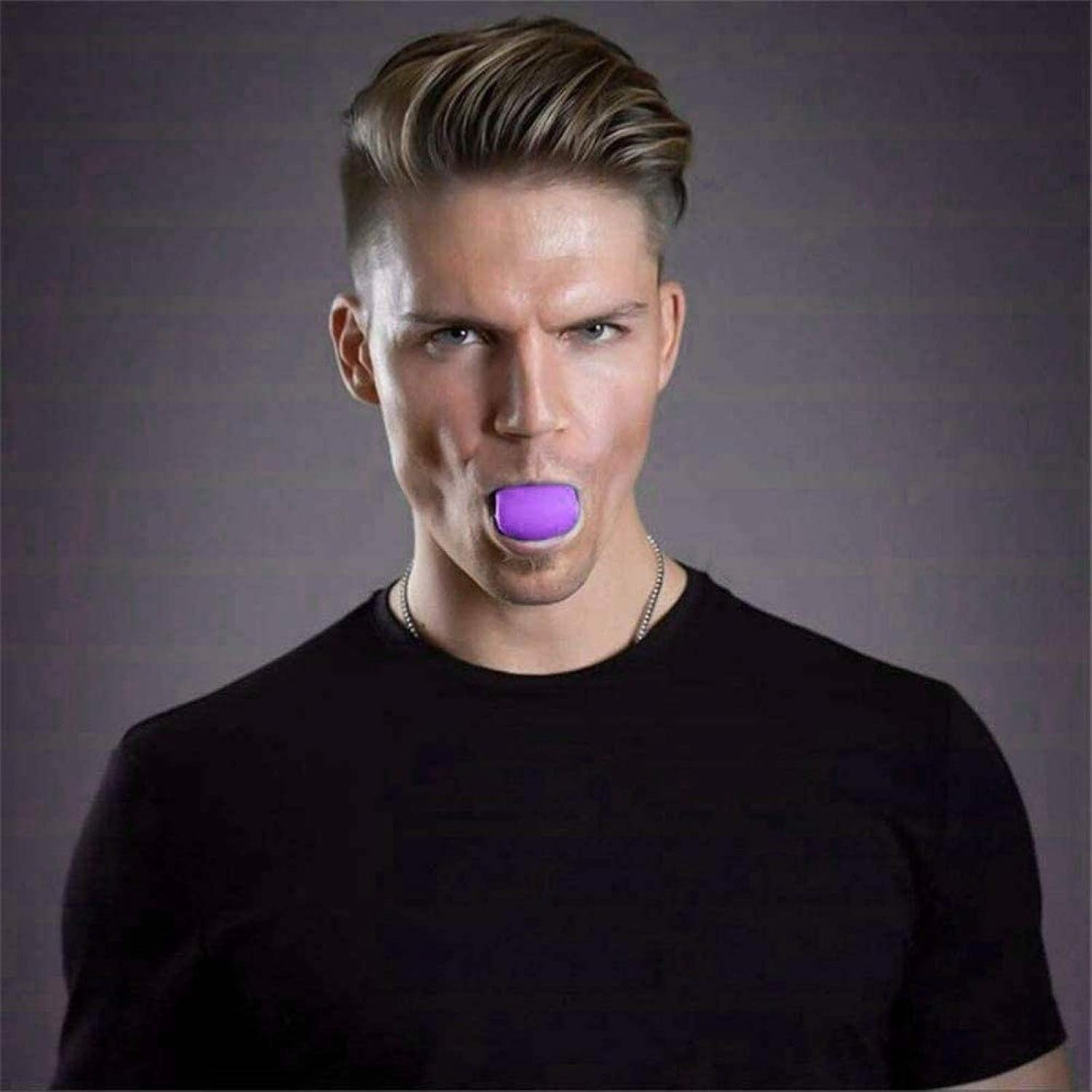 Dispozitiv Tonifiere Faciala, Antrenament Jawline si Definire Mandibula, Silicon Medical, Mov, 40 g, Cutie Depozitare si Snur Inclus