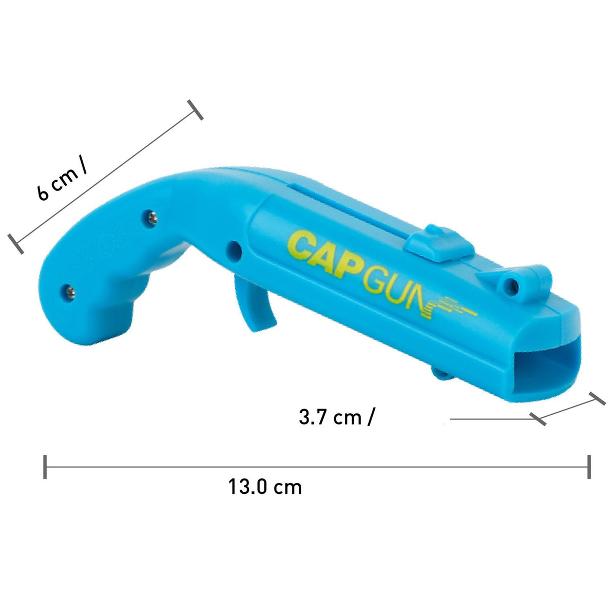 Deschizator de Sticle Model Pistol, Dispozitiv pentru Capace Metalice cu Functie de Lansare, Plastic ABS Rezistent, 13 x 6 x 3.7 cm, Albastru