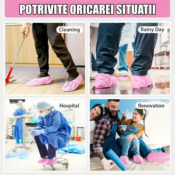 Huse de Pantofi Impermeabile, Protectii Incaltaminte de Unica Folosinta, Material Rezistent Antiderapant, Marime Universala, Roz, Set 100 Bucati