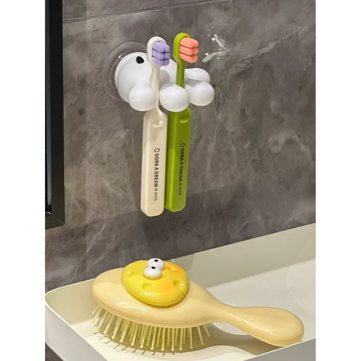Suport de Baie Multifuncțional, Agățătoare pentru Periuțe de Dinți și Cabluri, Fixare cu Ventuză, Design Mănușă Mickey Mouse, PVC, 7 x 6.5 cm, Alb