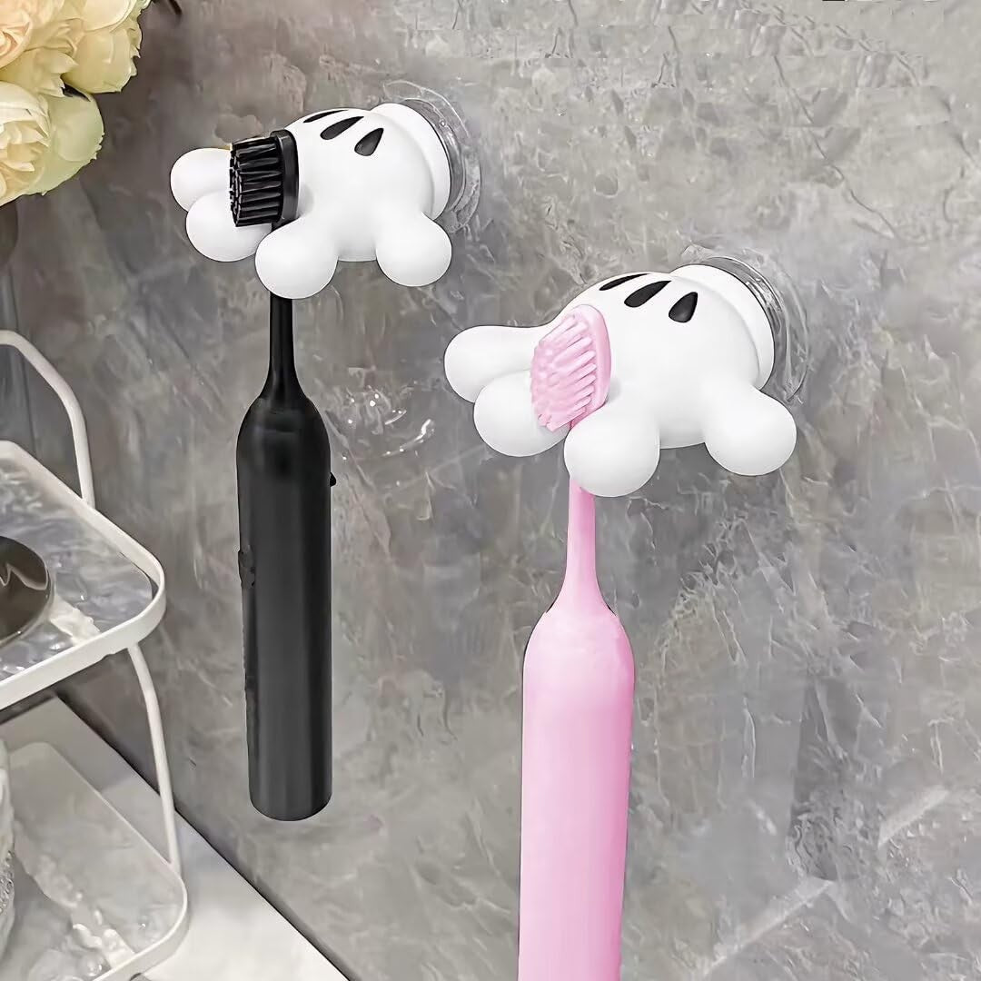 Suport de Baie Multifuncțional, Agățătoare pentru Periuțe de Dinți și Cabluri, Fixare cu Ventuză, Design Mănușă Mickey Mouse, PVC, 7 x 6.5 cm, Alb