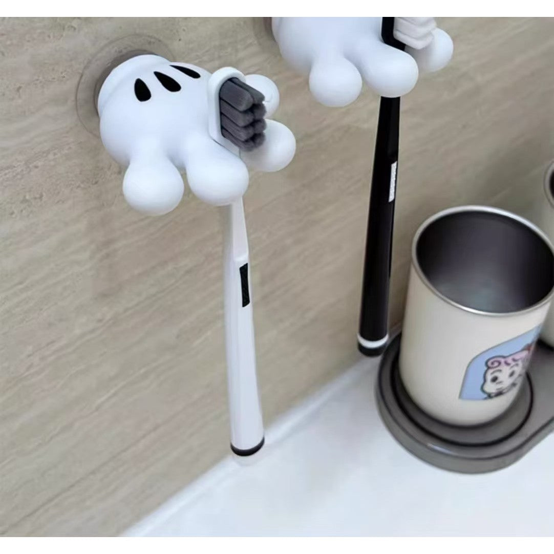 Suport de Baie Multifuncțional, Agățătoare pentru Periuțe de Dinți și Cabluri, Fixare cu Ventuză, Design Mănușă Mickey Mouse, PVC, 7 x 6.5 cm, Alb