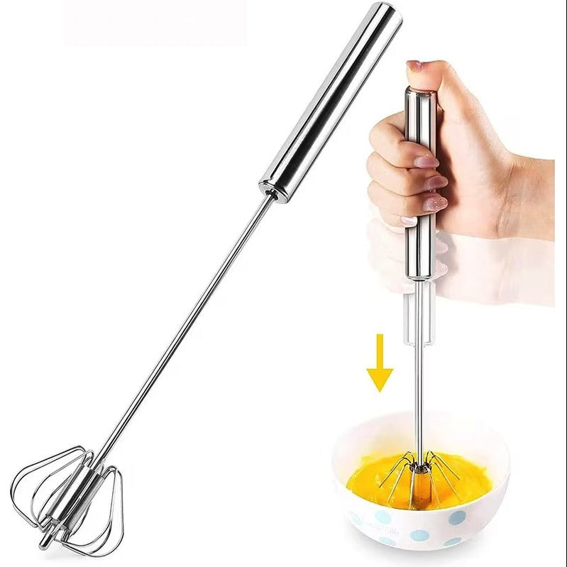 Mixer Manual pentru Oua si Frisca, Tel Rotativ cu Mecanism de Impingere, Otel Inoxidabil, 27 x 7 cm, Argintiu