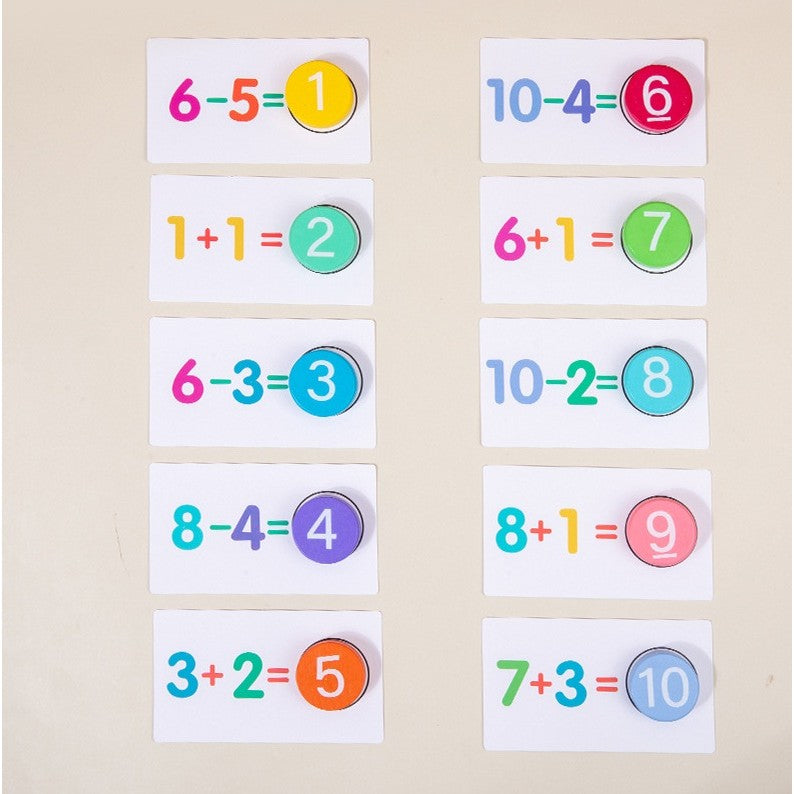 Joc Educational Matematica, Invatare Adunare si Scadere, 46 Planse Fata-Verso cu 92 Exercitii, Cifre din Lemn Natural, 3+ Ani, Multicolor