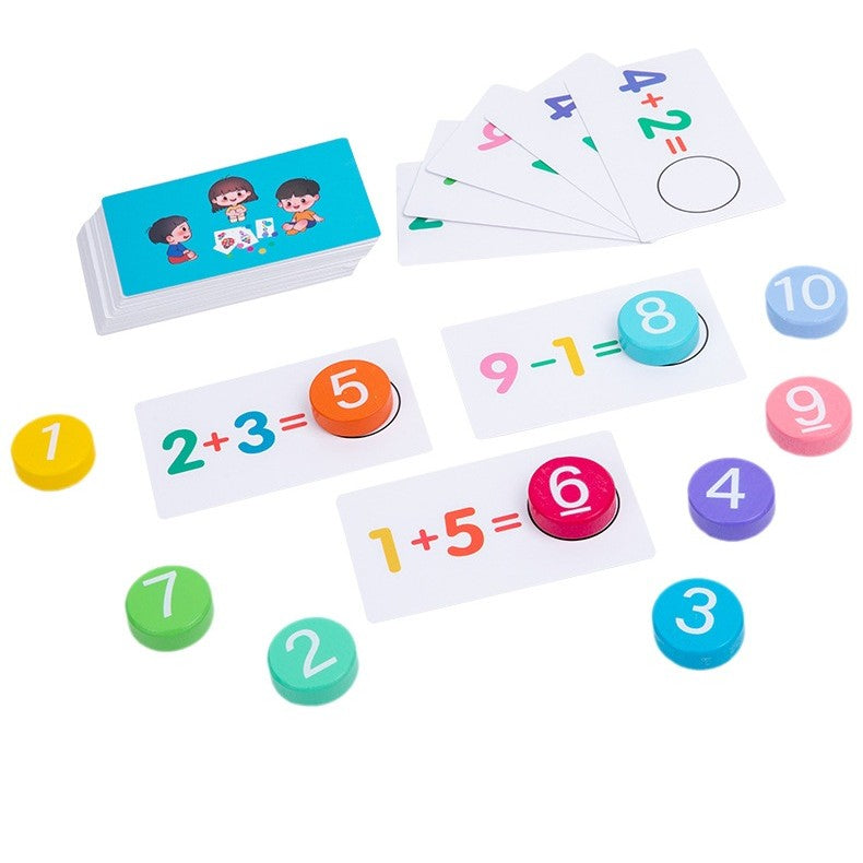 Joc Educational Matematica, Invatare Adunare si Scadere, 46 Planse Fata-Verso cu 92 Exercitii, Cifre din Lemn Natural, 3+ Ani, Multicolor
