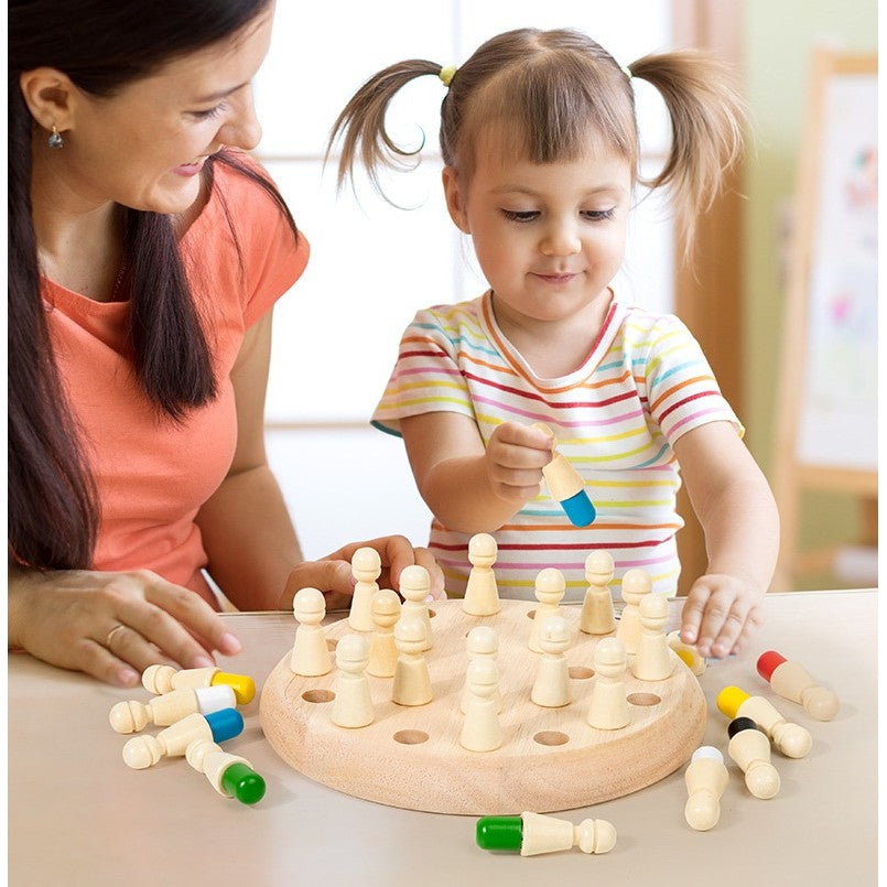Joc de Memorie Memory Chess, Educativ si Interactiv pentru Copii si Familie, Lemn Ecologic, +4 Ani, 6 Culori, 17 cm