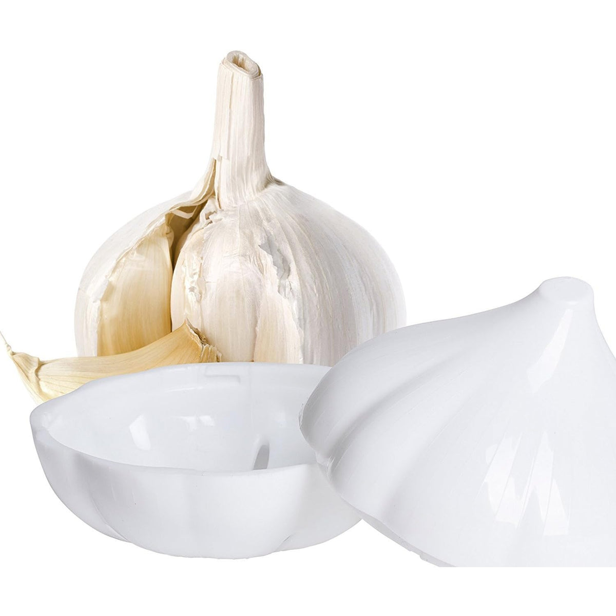 Cutie Alimentară pentru Depozitare Usturoi și Legume, Formă Tematică cu Închidere prin Răsucire, Plastic Rezistent, 350 ml, 9 x 9 x 9 cm, Alb