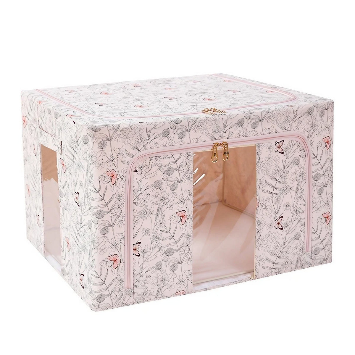 Cutie Depozitare Haine si Lenjerii, Organizator Pliabil cu Cadru Metalic si Fereastra, Material Textil, 66 Litri, 50 x 40 x 33 cm, Bej cu Fluturasi
