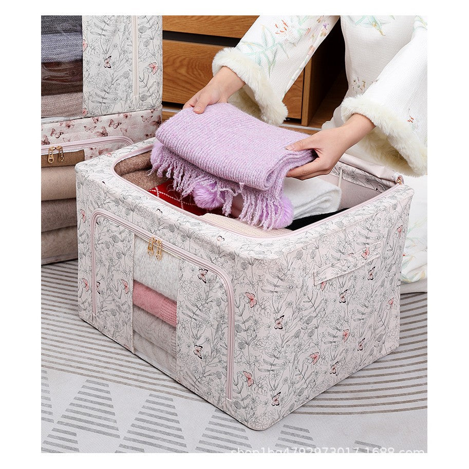 Cutie Depozitare Haine si Lenjerii, Organizator Pliabil cu Cadru Metalic si Fereastra, Material Textil, 66 Litri, 50 x 40 x 33 cm, Bej cu Fluturasi