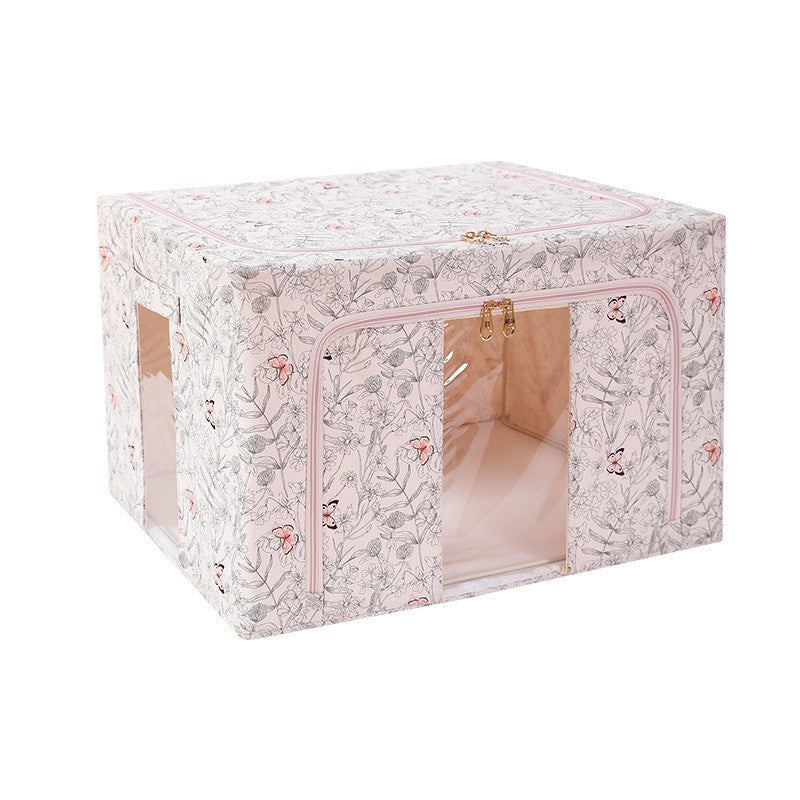 Cutie Depozitare Haine si Lenjerii, Organizator Pliabil cu Cadru Metalic si Fereastra, Material Textil, 66 Litri, 50 x 40 x 33 cm, Bej cu Fluturasi
