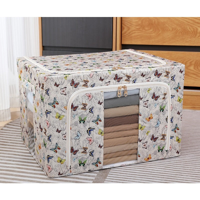 Cutie Depozitare Pliabilă cu Cadru Oțel, Organizator Haine și Lenjerii cu Fereastră și Fermoar, Material Textil, 66L, 50 x 40 x 33 cm, Multicolor cu Fluturași