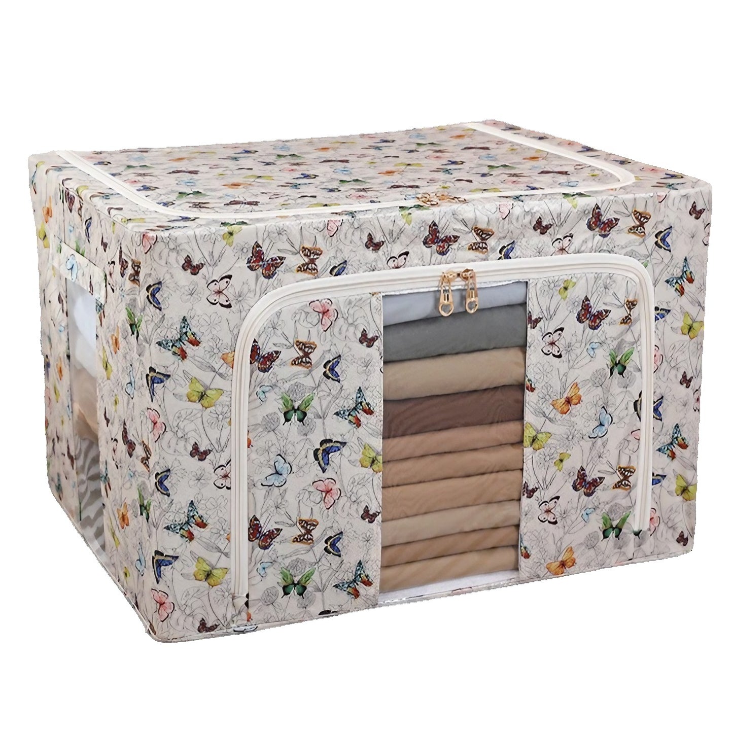 Cutie Depozitare Pliabilă cu Cadru Oțel, Organizator Haine și Lenjerii cu Fereastră și Fermoar, Material Textil, 66L, 50 x 40 x 33 cm, Multicolor cu Fluturași