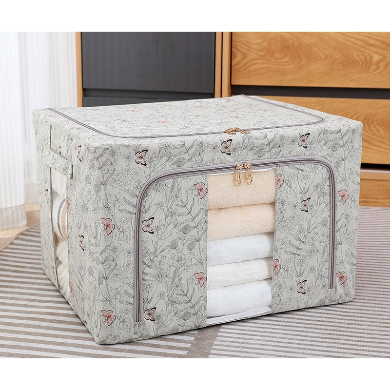 Cutie Depozitare Haine si Lenjerii, Pliabila cu Cadru Metalic si Fereastra, Material Textil, 66L, Model Fluturasi, Gri, 50 x 40 x 33 cm