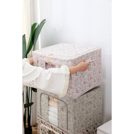 Cutie Depozitare Haine si Lenjerii, Pliabila cu Cadru Metalic si Fereastra, Material Textil Ecologic, 66 Litri, Model Fluturasi, Roz, 50 x 40 x 33 cm