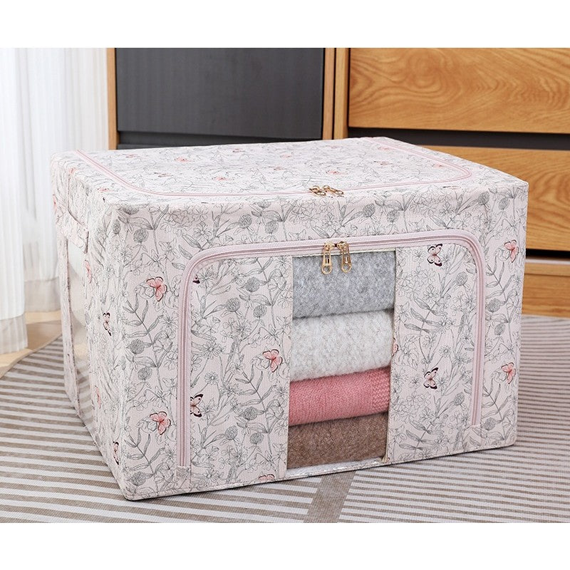 Cutie Depozitare Haine si Lenjerii, Pliabila cu Cadru Metalic si Fereastra, Material Textil Ecologic, 66 Litri, Model Fluturasi, Roz, 50 x 40 x 33 cm