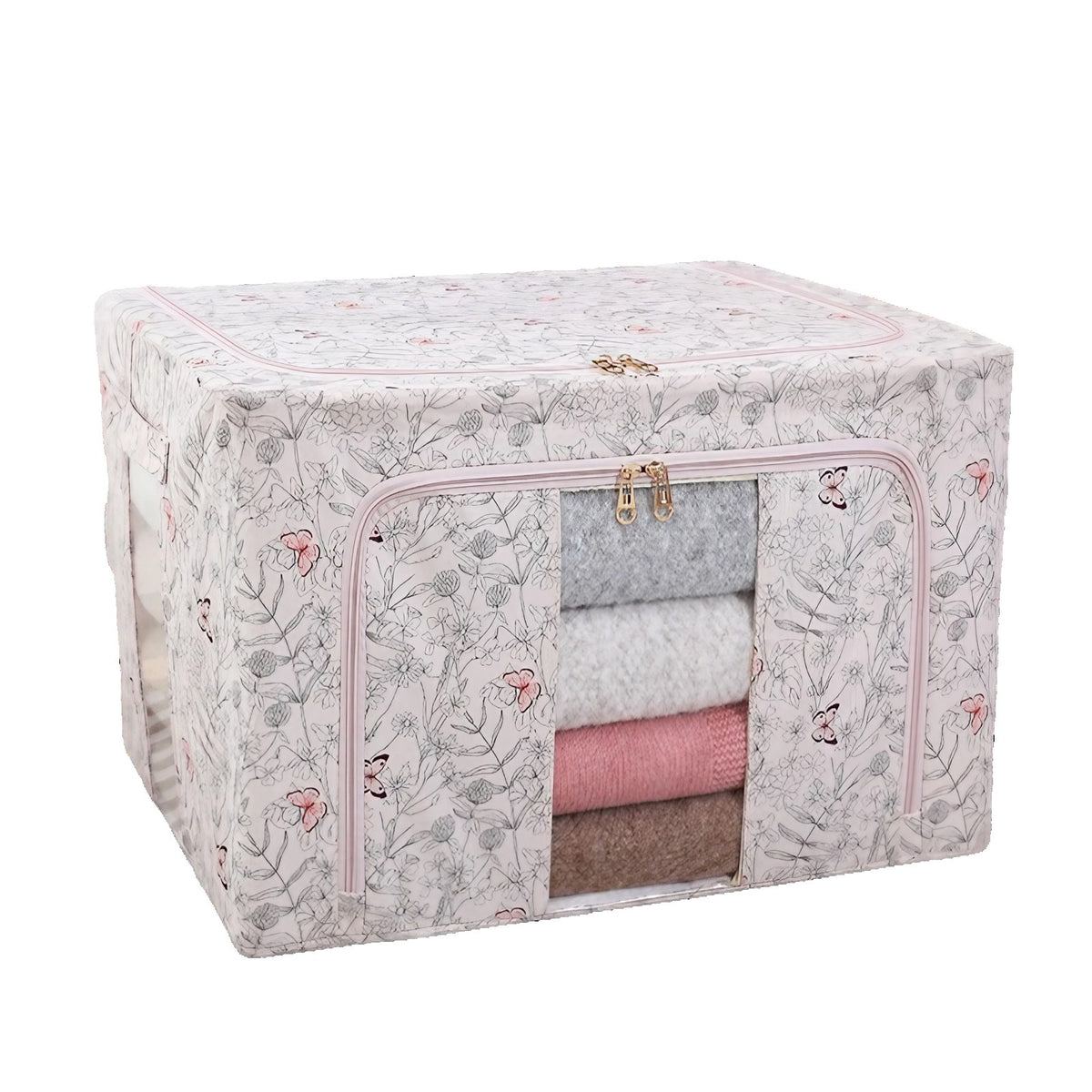 Cutie Depozitare Haine si Lenjerii, Pliabila cu Cadru Metalic si Fereastra, Material Textil Ecologic, 66 Litri, Model Fluturasi, Roz, 50 x 40 x 33 cm
