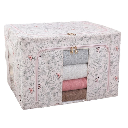 Cutie Depozitare Haine si Lenjerii, Pliabila cu Cadru Metalic si Fereastra, Material Textil Ecologic, 66 Litri, Model Fluturasi, Roz, 50 x 40 x 33 cm