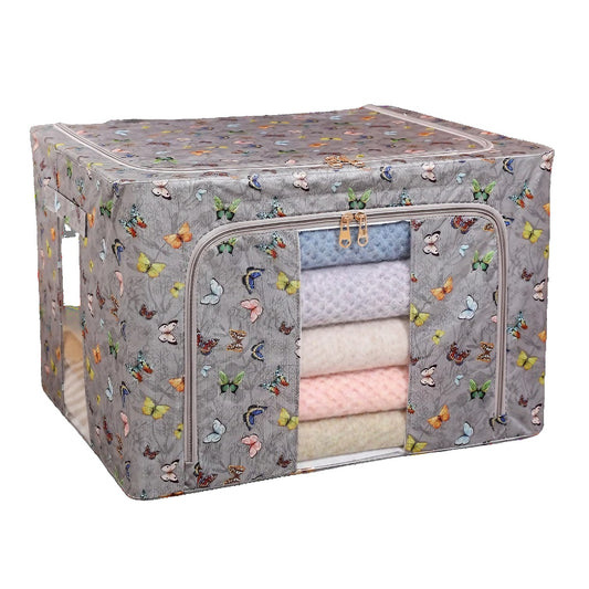 Cutie Depozitare Haine si Lenjerii, Pliabila cu Cadru Metalic si Fereastra, Material Textil Ecologic, Model Fluturasi, Gri Inchis, 66L, 50 x 40 x 33 cm