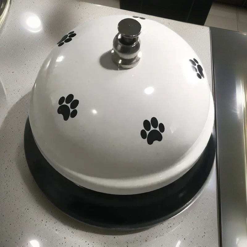 Clopotel Metalic Multifunctional pentru Dresaj Canin si Receptie, Imprimeu Labuta, Metal si Plastic, Alb cu Negru, 7.5x7.5x6.5 cm