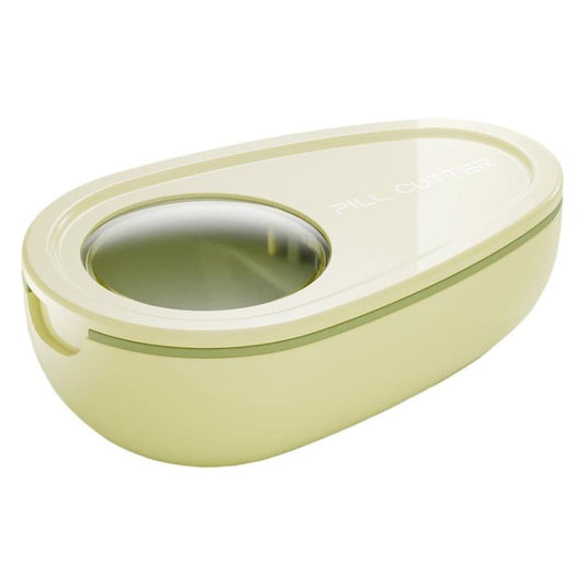 Taietor Pastile cu Compartiment Depozitare, Dispozitiv Sectionare Medicamente si Vitamine, Lama Inox si Capac Transparent, Galben, 8x5x2.65 cm