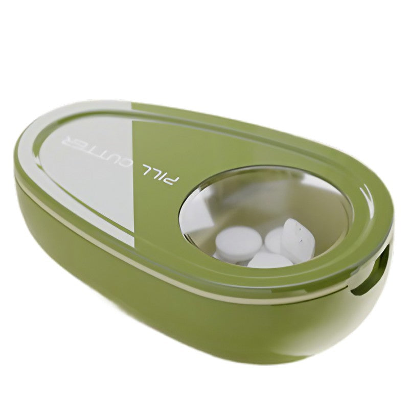 Dispozitiv Taiat Pastile si Cutie Depozitare Medicamente, Splitter Tablete cu Lama Inoxidabila si Compartiment Stocare, Plastic, 8x5x2.65 cm, Verde