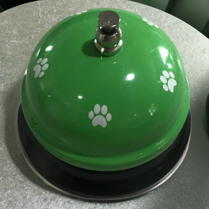 Clopotel Multifunctional Pentru Dresaj Animale, Receptie Sau Restaurant, Metal Si Plastic, Verde Cu Imprimeu Labuta, 7.5x7.5x6.5 cm