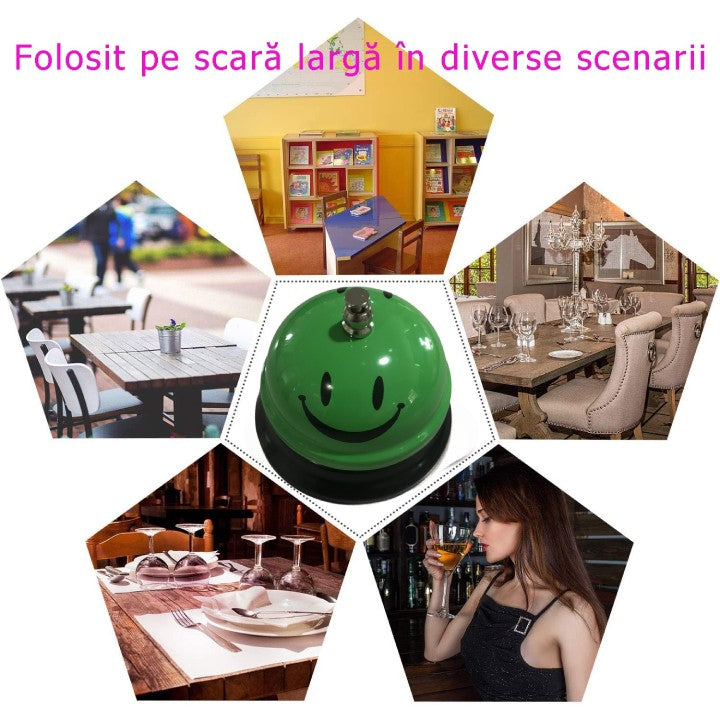 Clopotel De Receptie Si Masa, Metalic Cu Imprimeu Smiley Face, Sonerie Servire Pentru Restaurant, Cafenea Sau Hotel, Verde, 7.5x7.5x6.5 cm