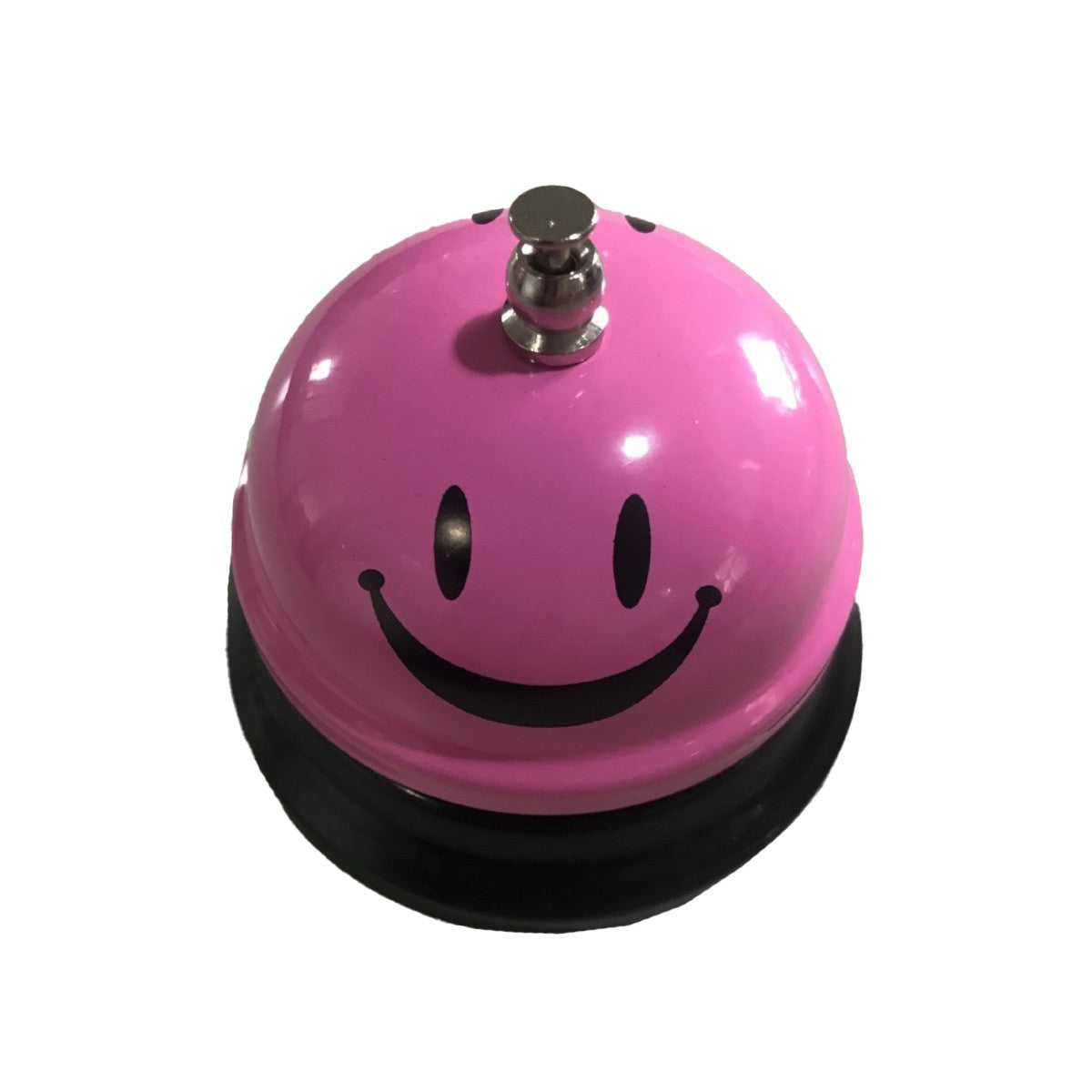 Clopotel Metalic de Masa pentru Receptie si Dresaj, Imprimeu Smiley Face, Mecanism de Apasare, Metal si Plastic, 7.5 x 7.5 x 6.5 cm, Roz/Portocaliu