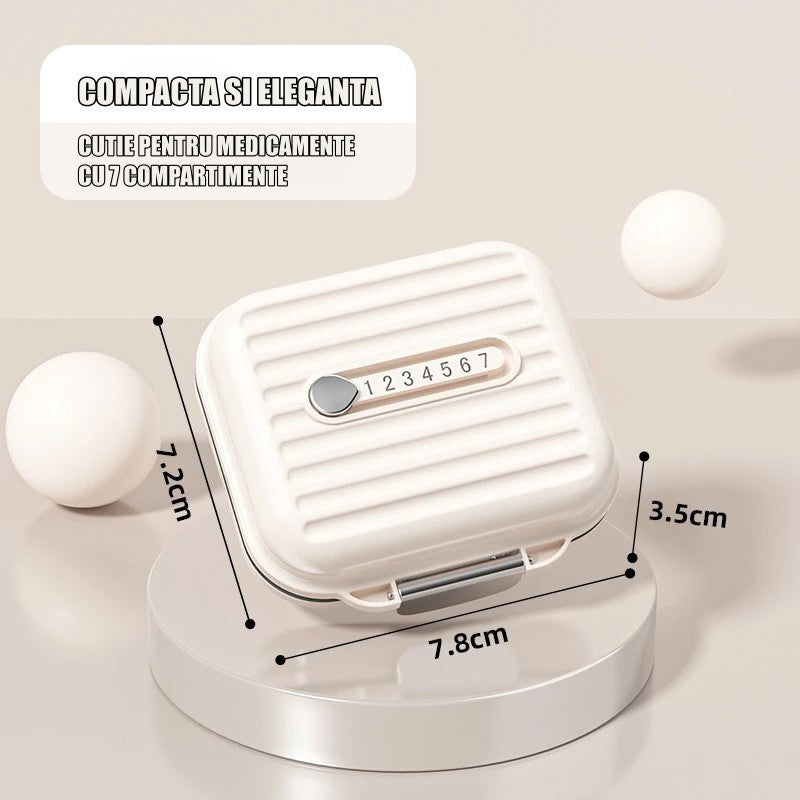 Cutie Medicamente si Organizator Pastile, 7 Compartimente Numerotate, Inchidere Metalica Sigura, Design Compact de Calatorie, Bej, 7.8x7.2x3.5 cm