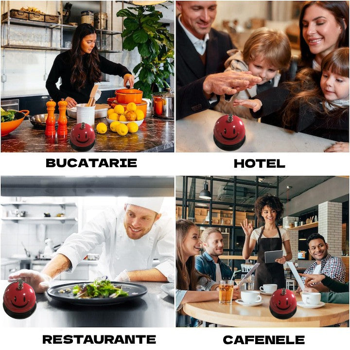 Clopotel De Receptie Si Masa, Metalic Cu Imprimeu Smiley Face, Sonerie Service Pentru Restaurant Sau Hotel, Rosu, 7.5x7.5x6.5 cm